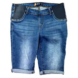 Indigo Poppy Denim Shorts Womens Medium Maternity Stretch Belly Jean Cuffed Plus